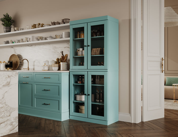 100% Solid Wood 32" Pantry Cabinet, Glass Doors