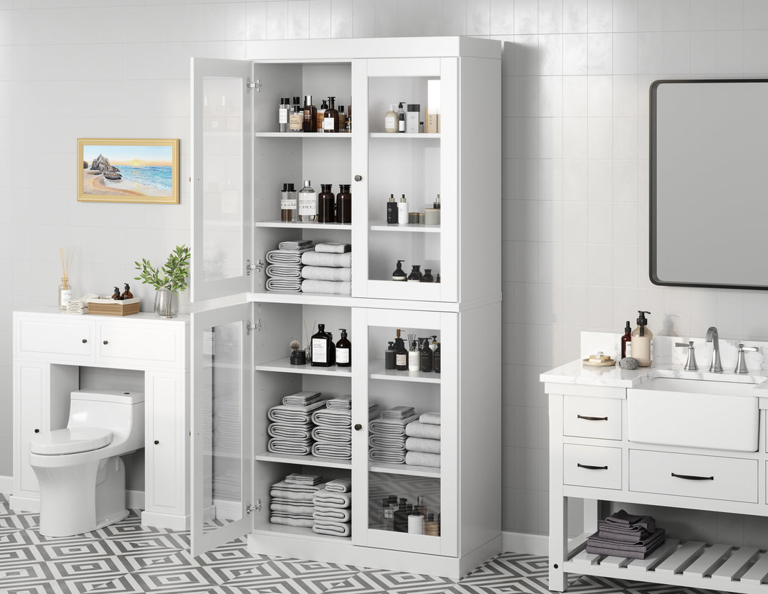 100% Solid Wood 32" Bathroom Cabinet, Glass Doors