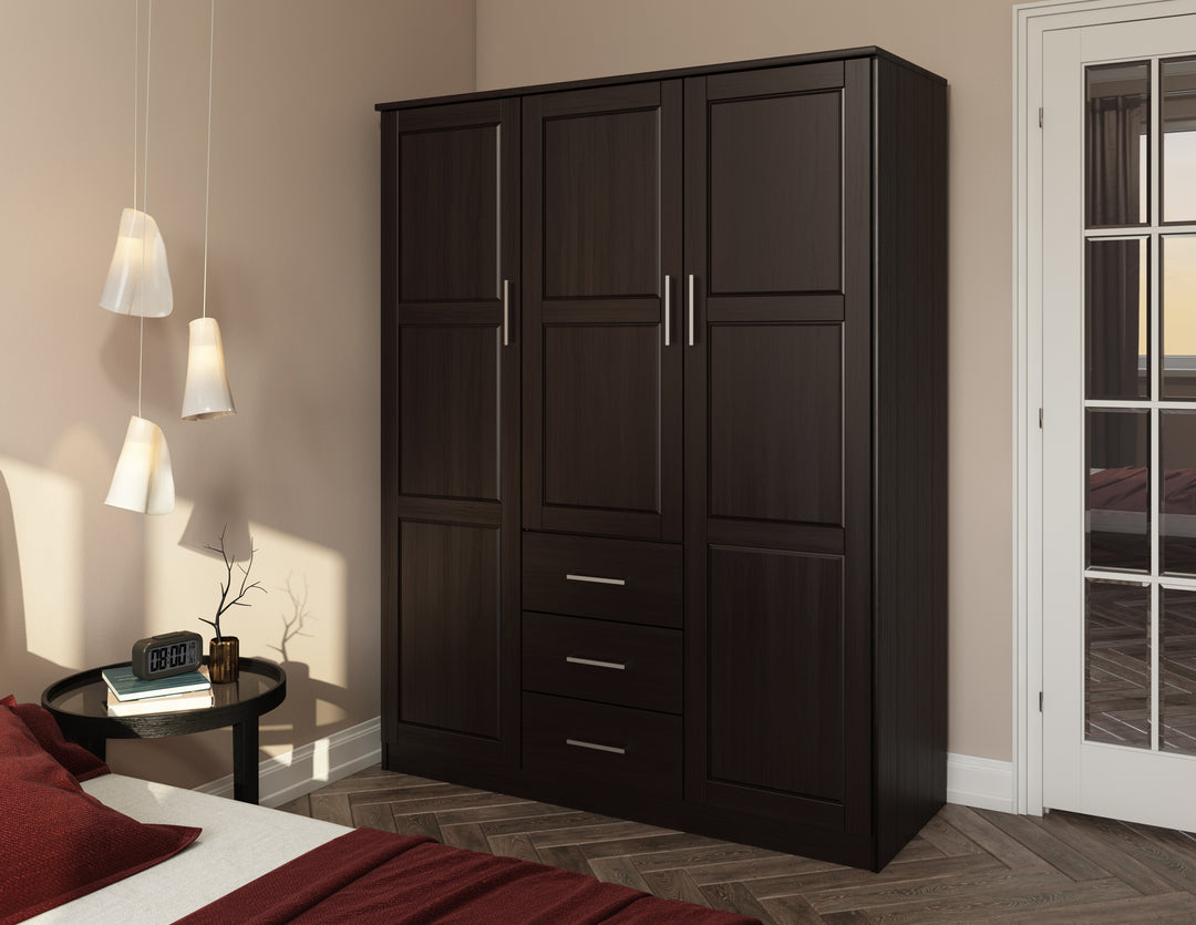 100% Solid Wood Cosmo 3-Door Wardrobe Armoire with Solid Wood Doors