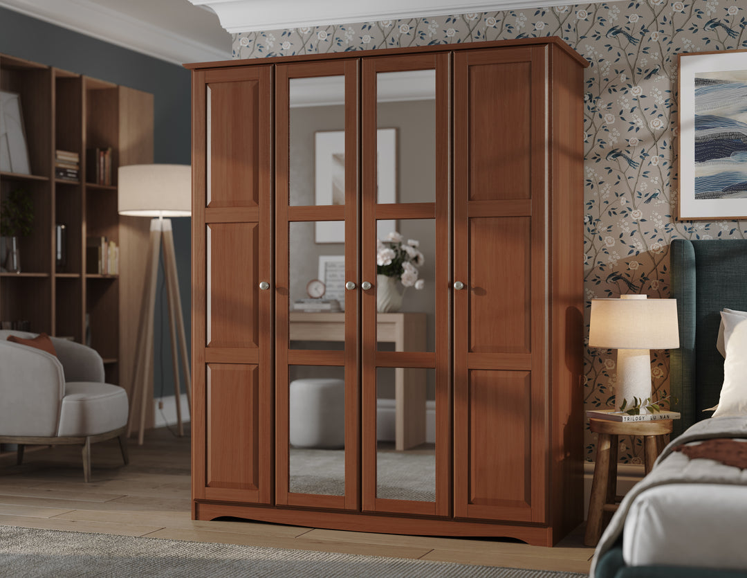 100% Solid Wood Regal Wardrobe Armoire with Mirrored, Wood Doors, Metal Knobs