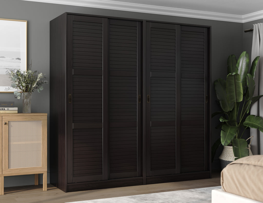 100% Solid Wood 4-Closed Louvered Sliding Door Wardrobe Armoire