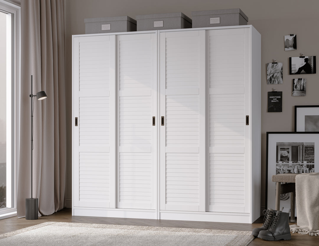 100% Solid Wood 4-Closed Louvered Sliding Door Wardrobe Armoire