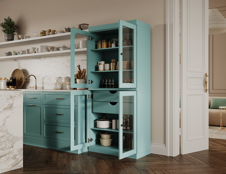 100% Solid Wood 32" Pantry Cabinet, 4 Clear Glass Doors, 2-drawers Set