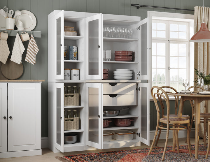 100% Solid Wood 48.5" Pantry China Cabinet, Frosted Glass Doors, 2-Drawers