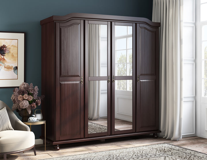 100% Solid Wood Kyle 4-Door Wardrobe Armoire with Mirrored, Solid Wood Doors