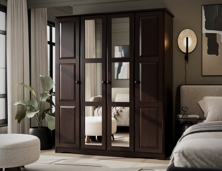 100% Solid Wood Regal Wardrobe Armoire with Mirrored and Solid Wood Doors