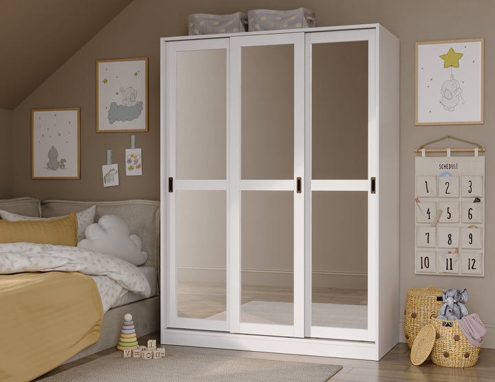 100% Solid Wood 3-Sliding Door Wardrobe Armoire with Mirrored Doors