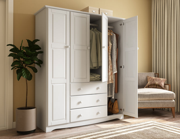 100% Solid Wood Family Wardrobe Armoire with Solid Wood Doors, Metal Knobs