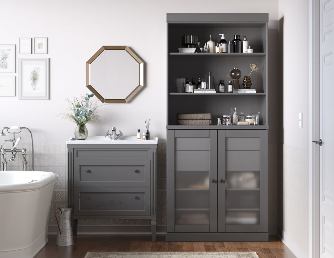 100% Solid Wood 32" Bathroom Cabinet with Frosted Glass Doors, 2-drawer Set