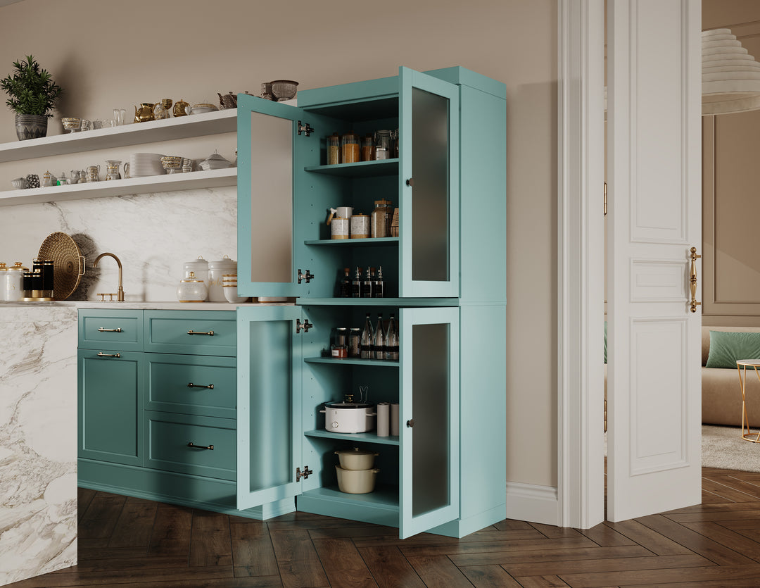 100% Solid Wood 32" Pantry Cabinet, Frosted Glass Doors