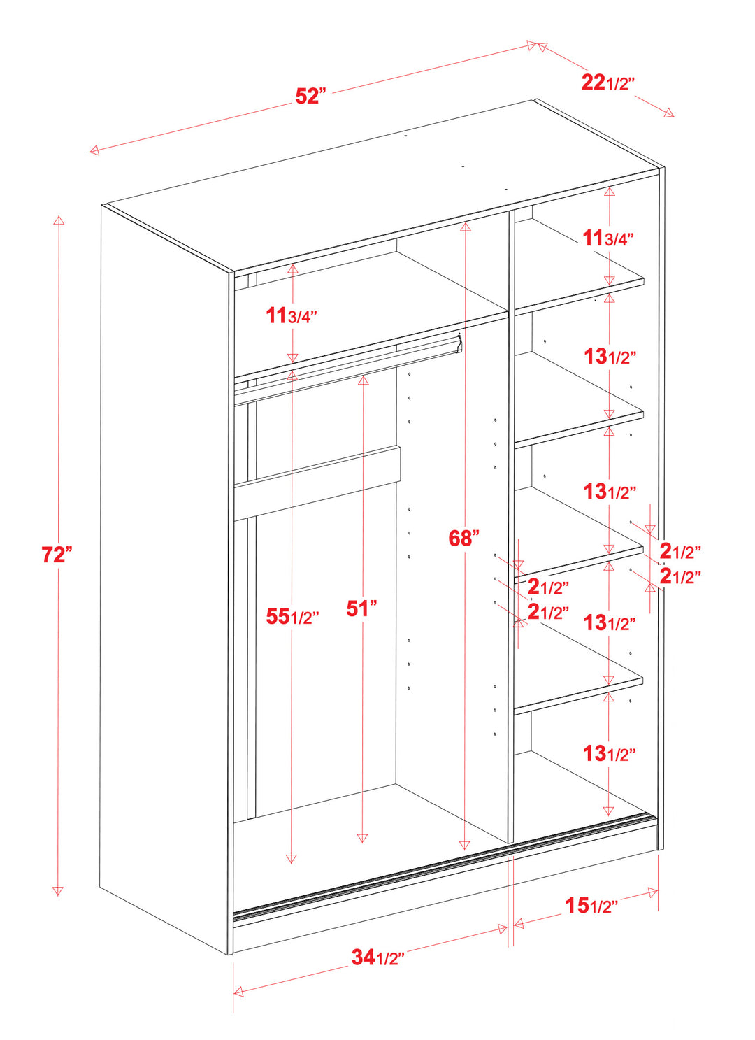 100% Solid Wood 3-Sliding Door Wardrobe Armoire