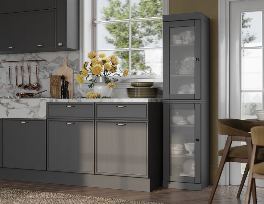 Grey kitchen cabinet with frosted doors