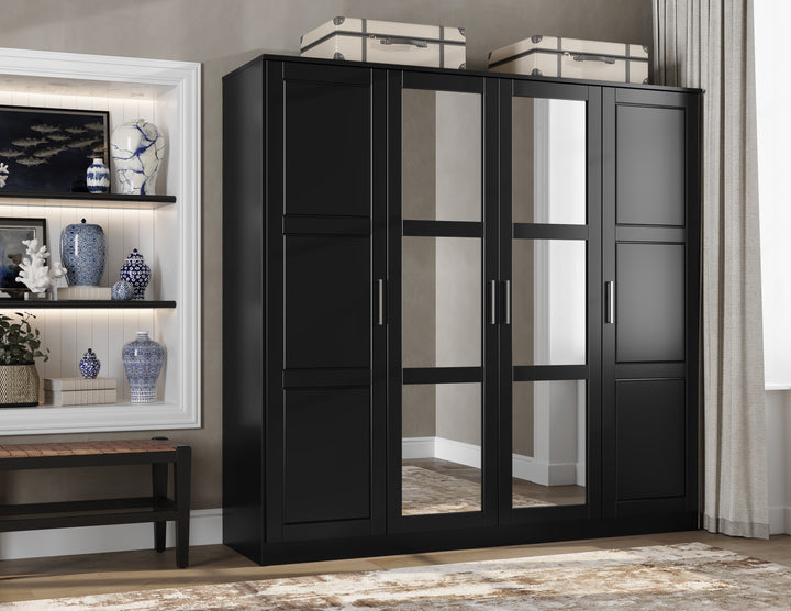 100% Solid Wood Cosmo 4-Door Wardrobe Armoire With Mirrored Doors