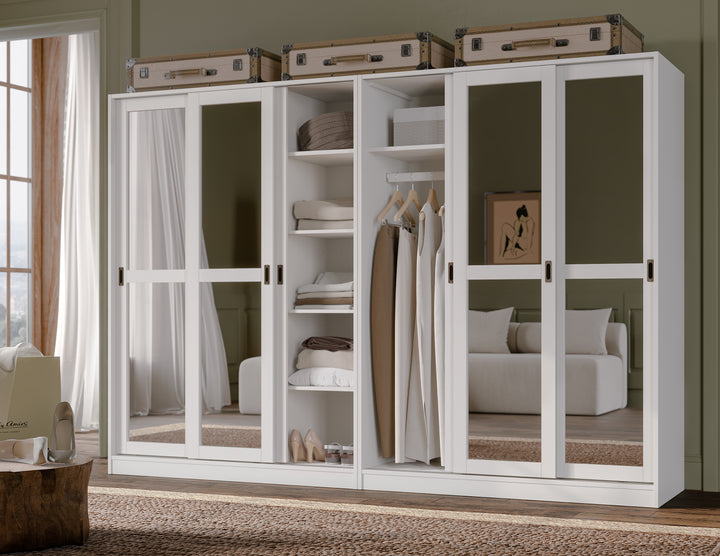 100% Solid Wood 6-Mirrored Sliding Door Wardrobe Armoire