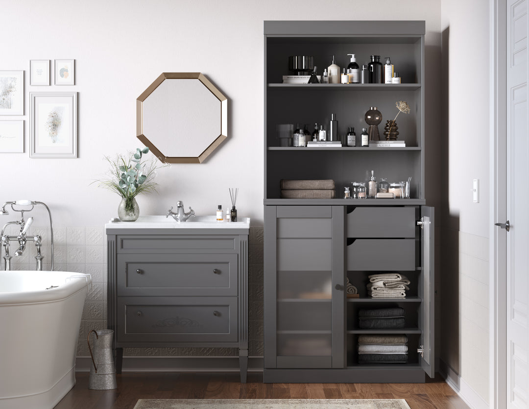 100% Solid Wood 32" Bathroom Cabinet with Frosted Glass Doors, 2-drawer Set