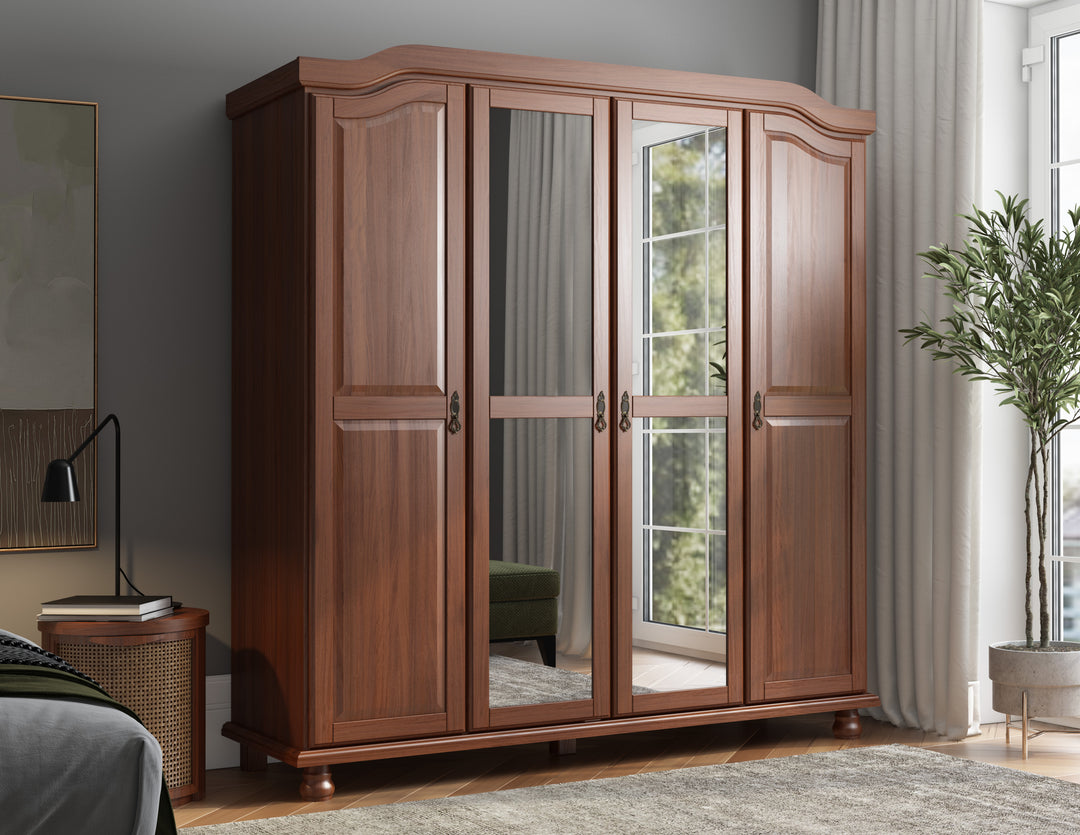 100% Solid Wood Kyle 4-Door Wardrobe Armoire with Mirrored, Solid Wood Doors