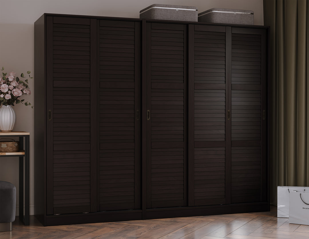 100% Solid Wood 5-Closed Louvered Sliding Door Wardrobe Armoire