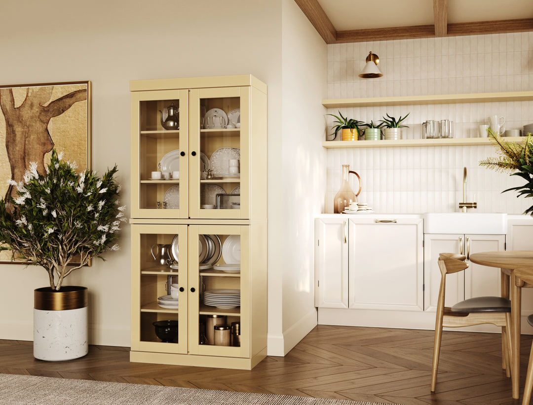 100% Solid Wood 32" Pantry Cabinet, Glass Doors