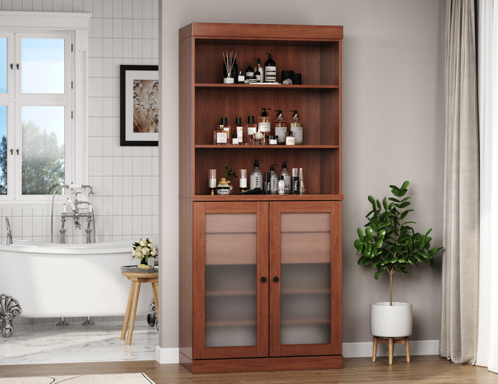 100% Solid Wood 32" Bathroom Cabinet with Frosted Glass Doors, 2-drawer Set