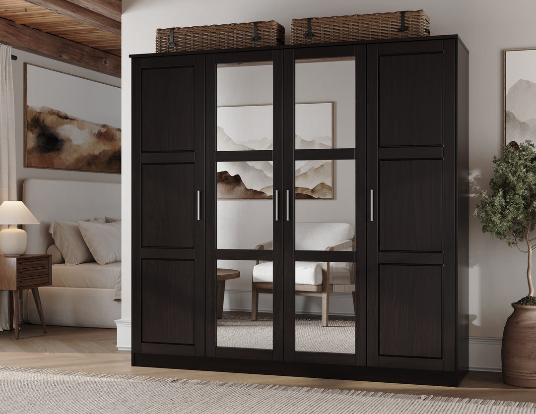 100% Solid Wood Cosmo 4-Door Wardrobe Armoire With Mirrored Doors