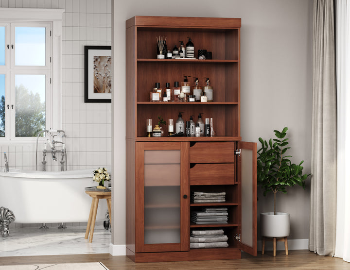 100% Solid Wood 32" Bathroom Cabinet with Frosted Glass Doors, 2-drawer Set