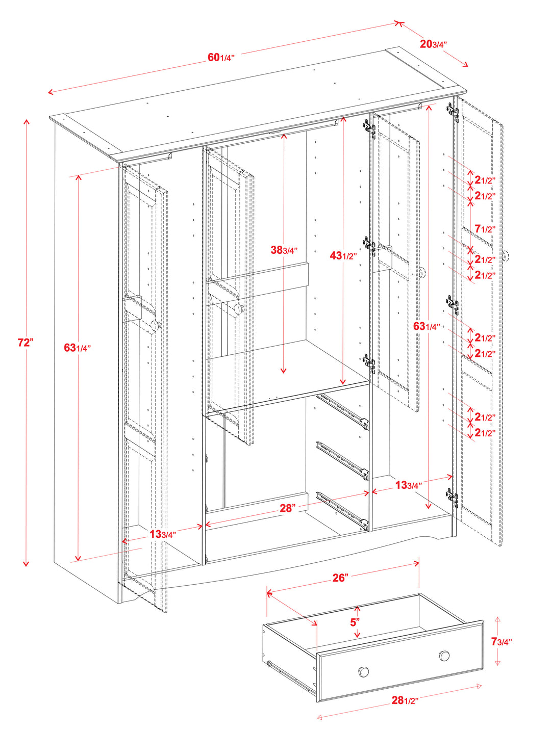 100% Solid Wood Family Wardrobe Armoire with Solid Wood Doors, Metal Knobs