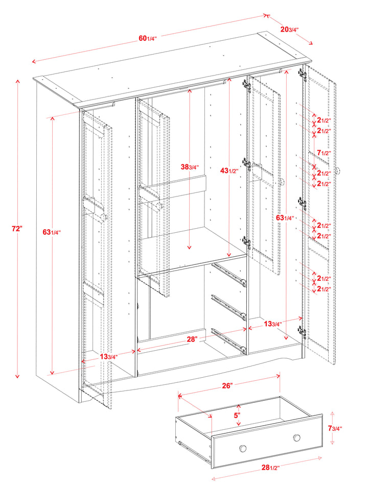 100% Solid Wood Family Wardrobe Armoire with Solid Wood Doors, Metal Knobs