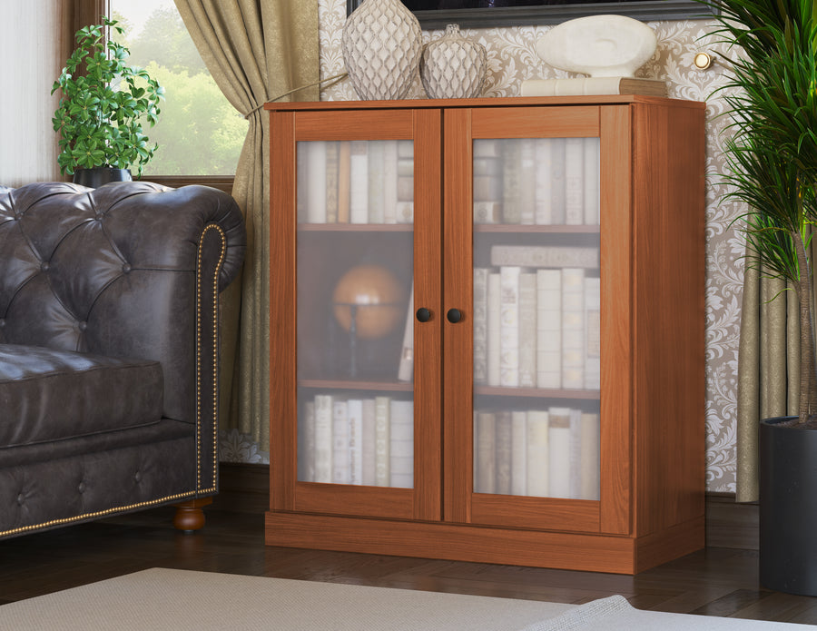 Brown bookcase with frosted glass doors