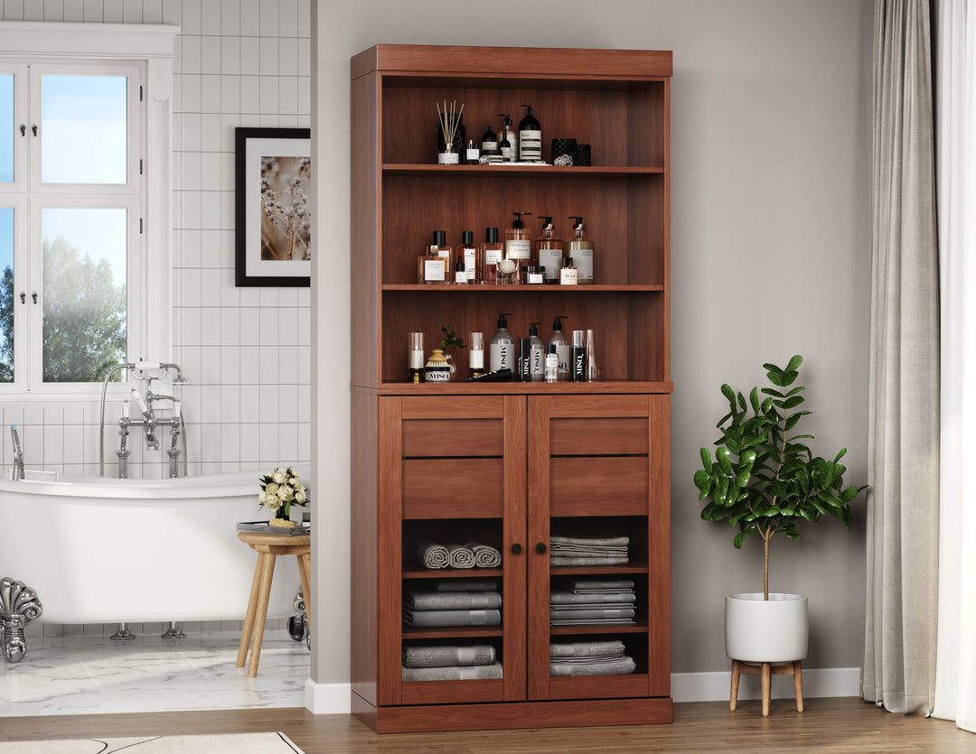 100% Solid Wood 32" Bathroom Cabinet with Clear Glass Doors, 2-drawer Set