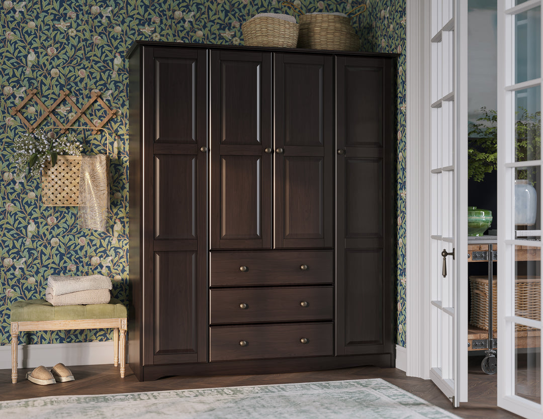 100% Solid Wood Family Wardrobe Armoire with Solid Wood Doors, Metal Knobs