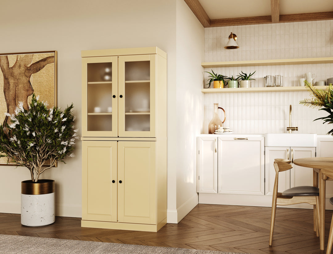 100% Solid Wood 32" Pantry Cabinet, Frosted Glass