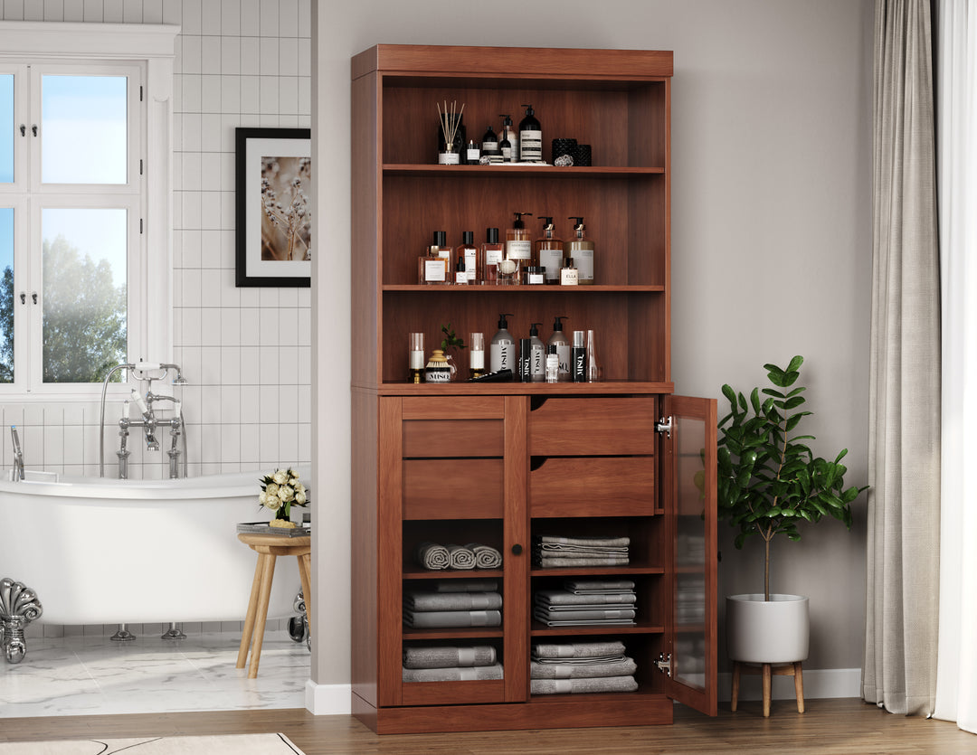 100% Solid Wood 32" Bathroom Cabinet with Clear Glass Doors, 2-drawer Set