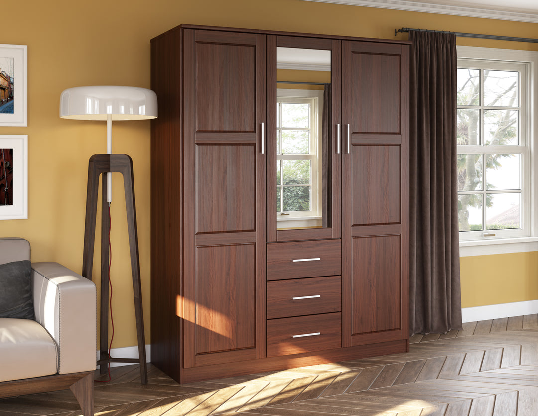 100% Solid Wood Cosmo 3-Door Wardrobe Armoire with Mirrored, Solid Wood Doors