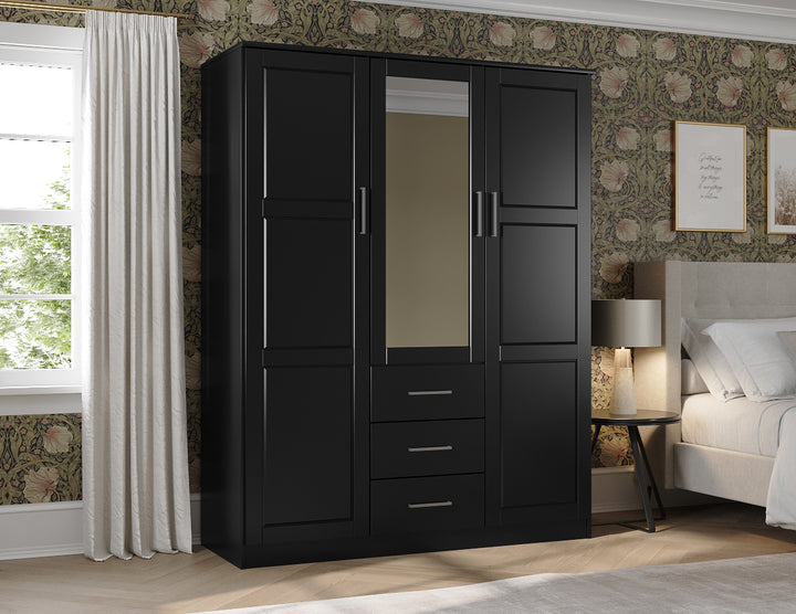 100% Solid Wood Cosmo 3-Door Wardrobe Armoire with Mirrored, Solid Wood Doors