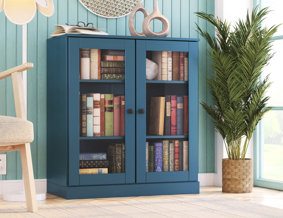 Teal blue bookcase with glass doors