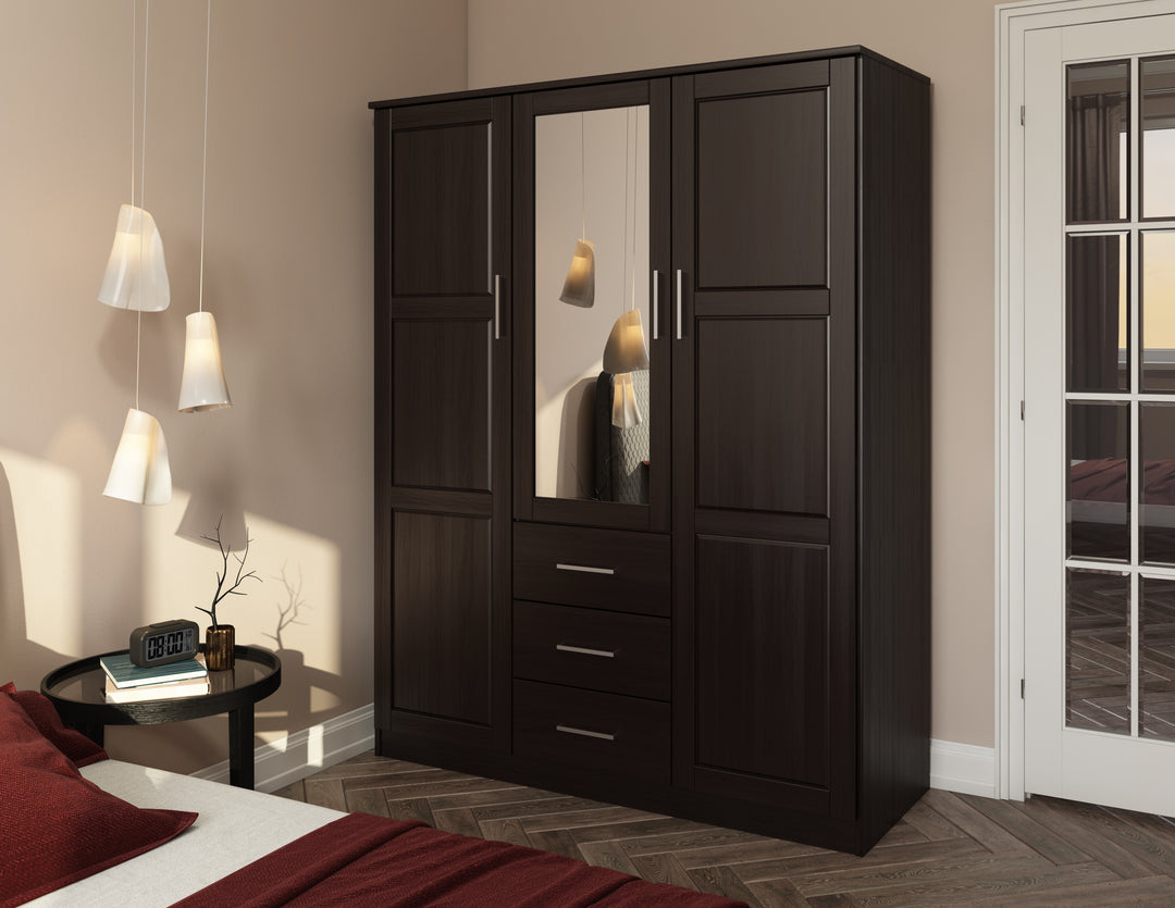 100% Solid Wood Cosmo 3-Door Wardrobe Armoire with Mirrored, Solid Wood Doors