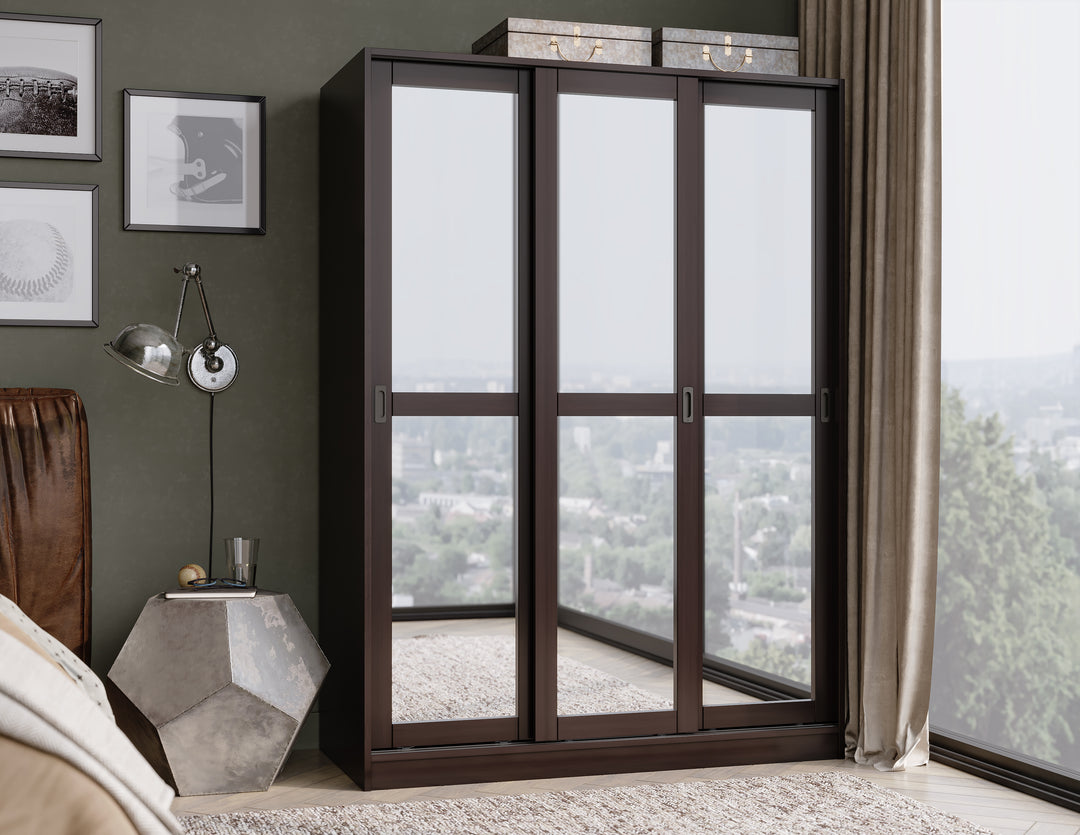 100% Solid Wood 3-Sliding Door Wardrobe Armoire with Mirrored Doors