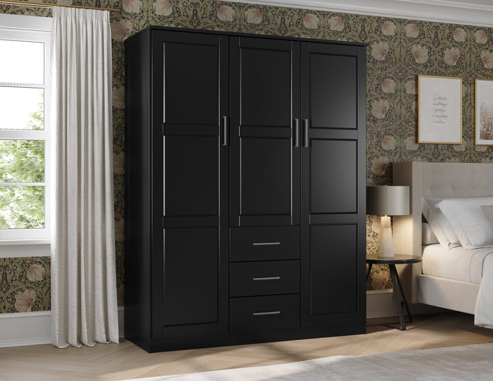 100% Solid Wood Cosmo 3-Door Wardrobe Armoire with Solid Wood Doors