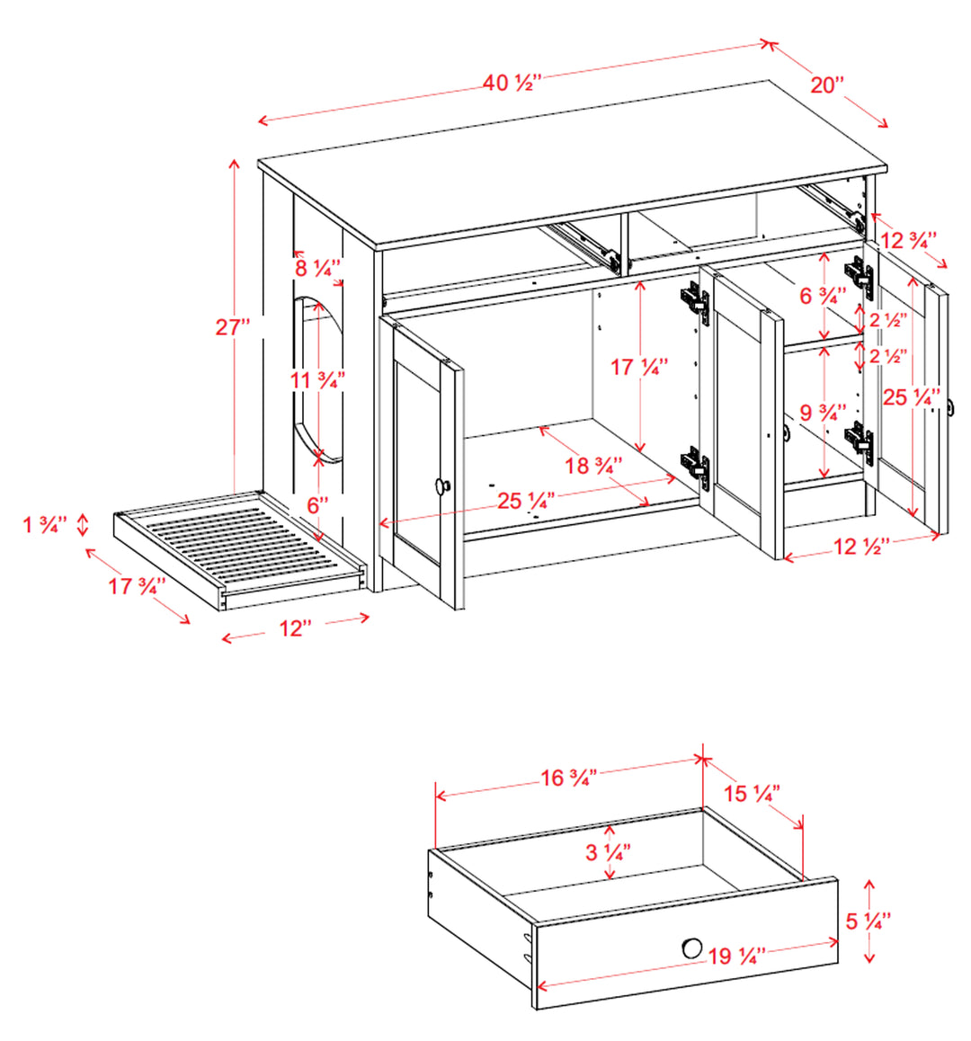 100% Solid Wood Ziva 3-Door Cat Litter Box Enclosure with Litter Catch