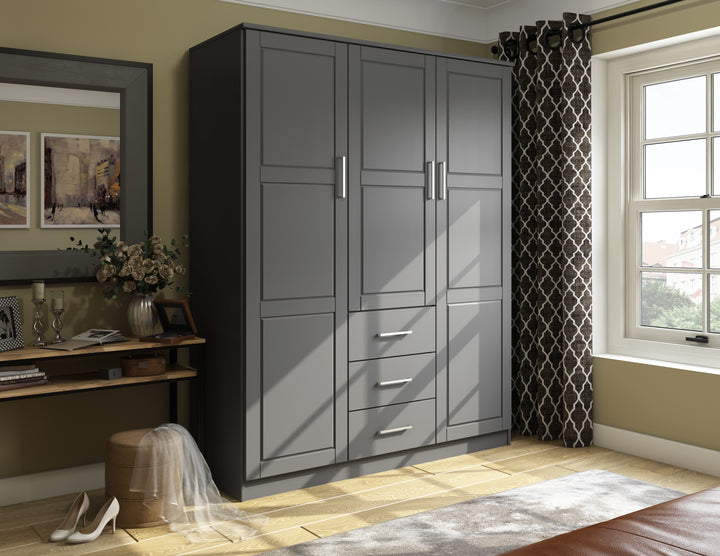 100% Solid Wood Cosmo 3-Door Wardrobe Armoire with Solid Wood Doors