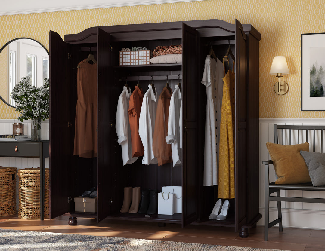 100% Solid Wood Kyle 4-Door Wardrobe Armoire with Solid Wood Doors