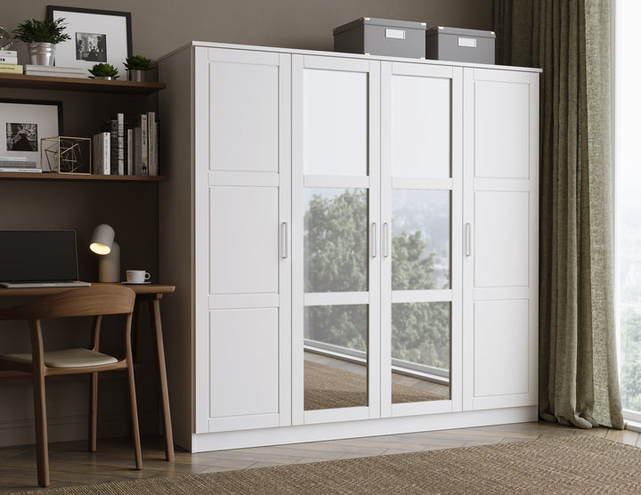 100% Solid Wood Cosmo 4-Door Wardrobe Armoire With Mirrored Doors