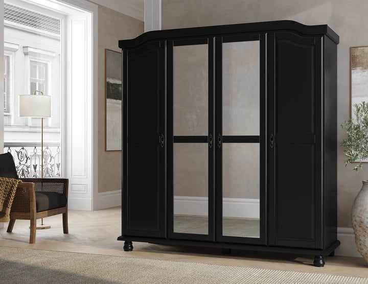 100% Solid Wood Kyle 4-Door Wardrobe Armoire with Mirrored, Solid Wood Doors