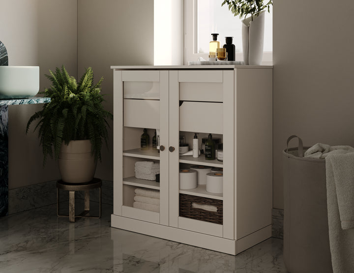 100% Solid Wood 32" Bathroom Cabinet with Clear Glass Doors, 2-Drawers