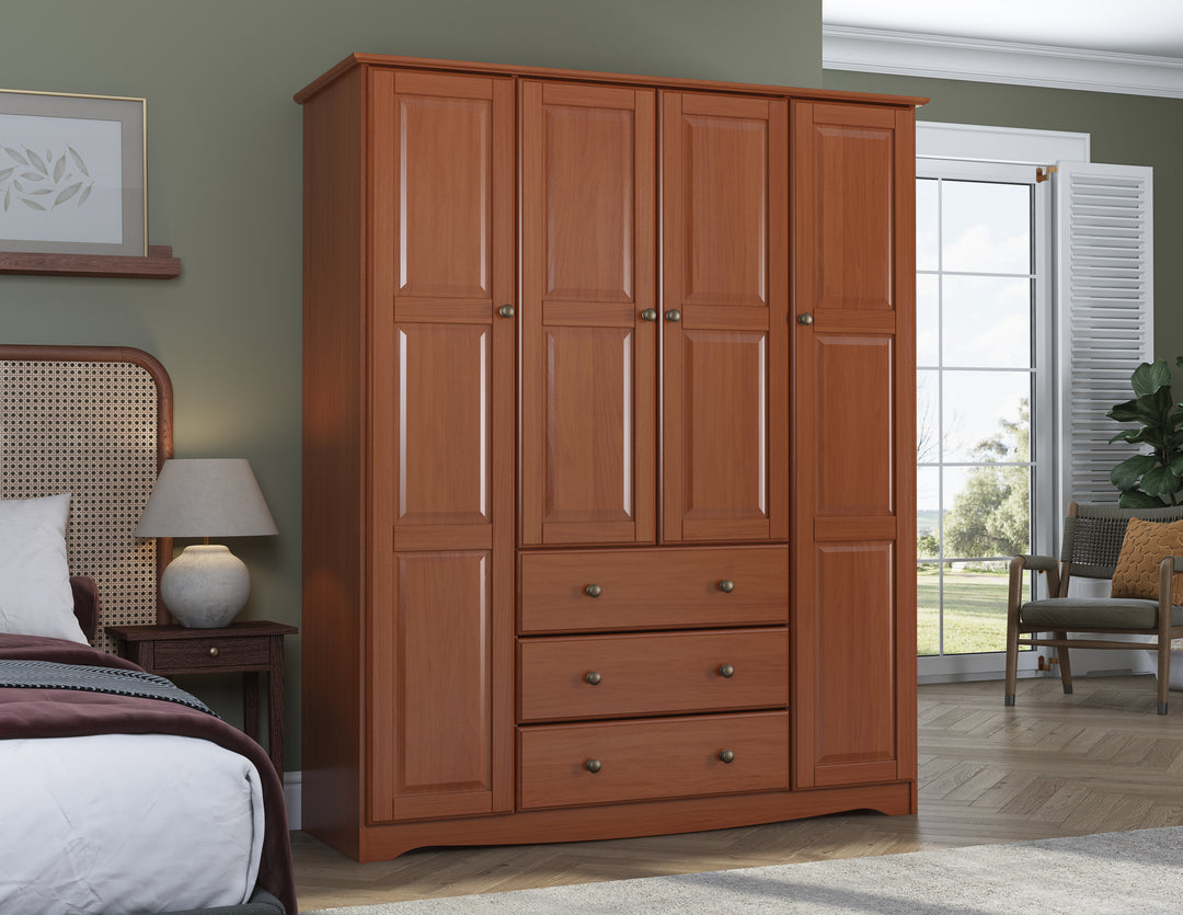 100% Solid Wood Family Wardrobe Armoire with Solid Wood Doors, Metal Knobs