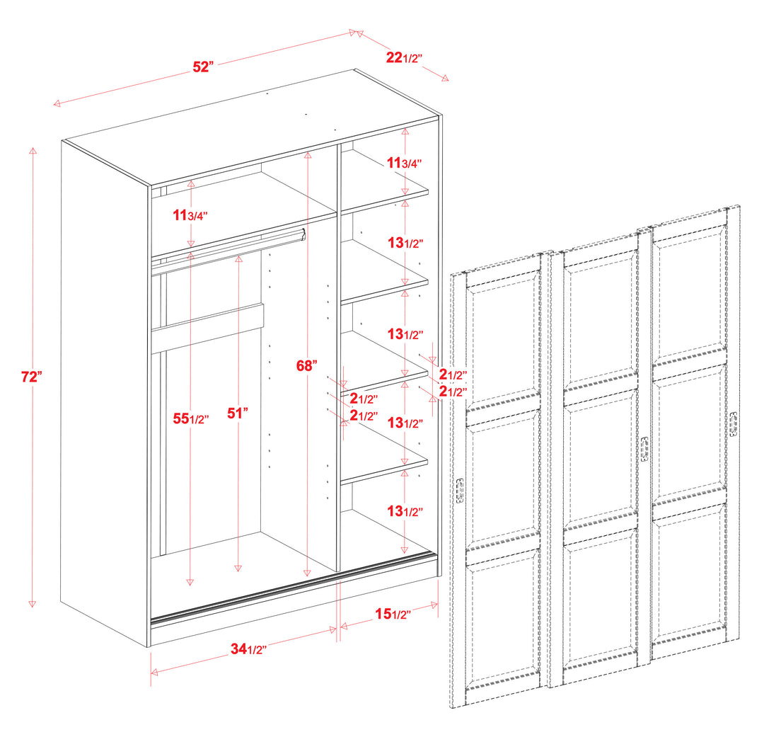 100% Solid Wood 3-Sliding Raised Panel Door Wardrobe Armoire