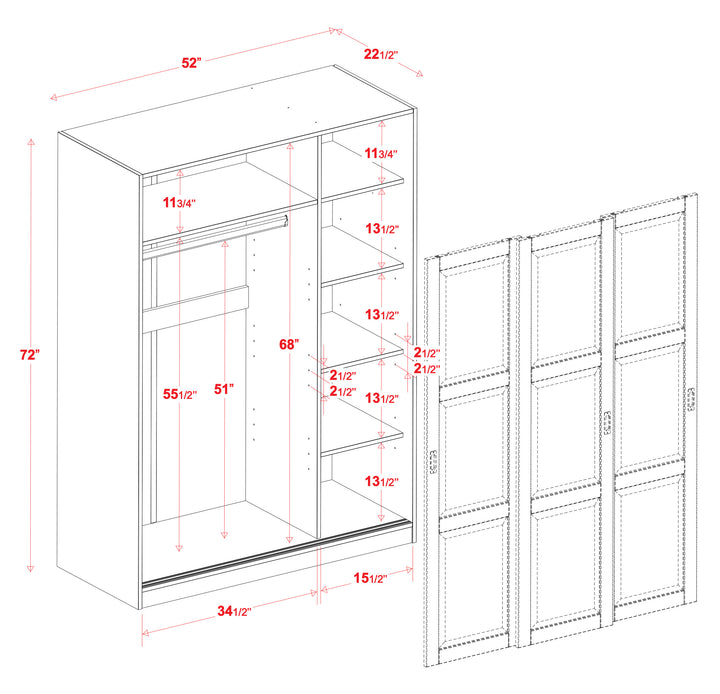 100% Solid Wood 3-Sliding Raised Panel Door Wardrobe Armoire