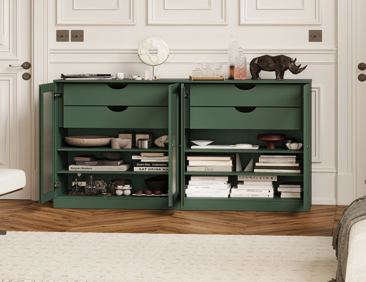 100% Solid Wood 64" Sideboard with Frosted Glass Doors and 4 Drawers