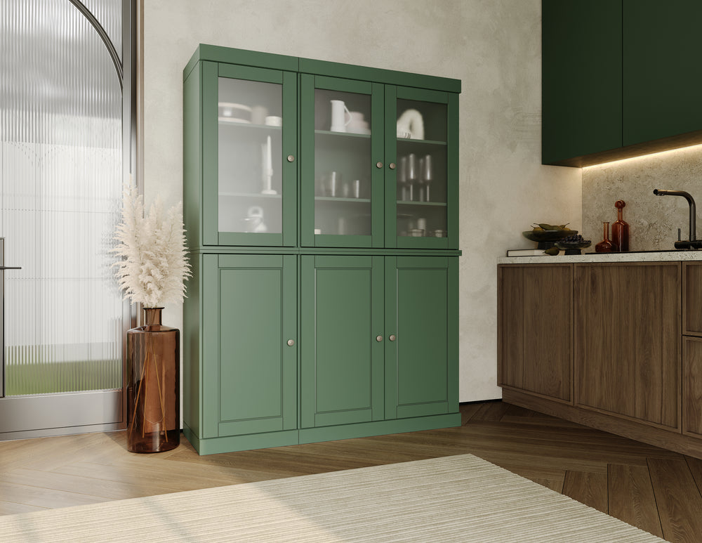 Green pantry cabinet with frosted doors