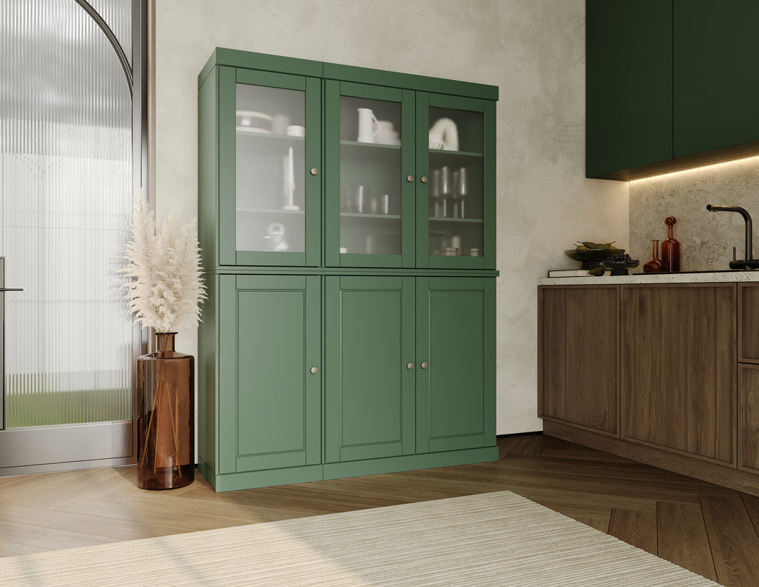 Green pantry cabinet with frosted doors